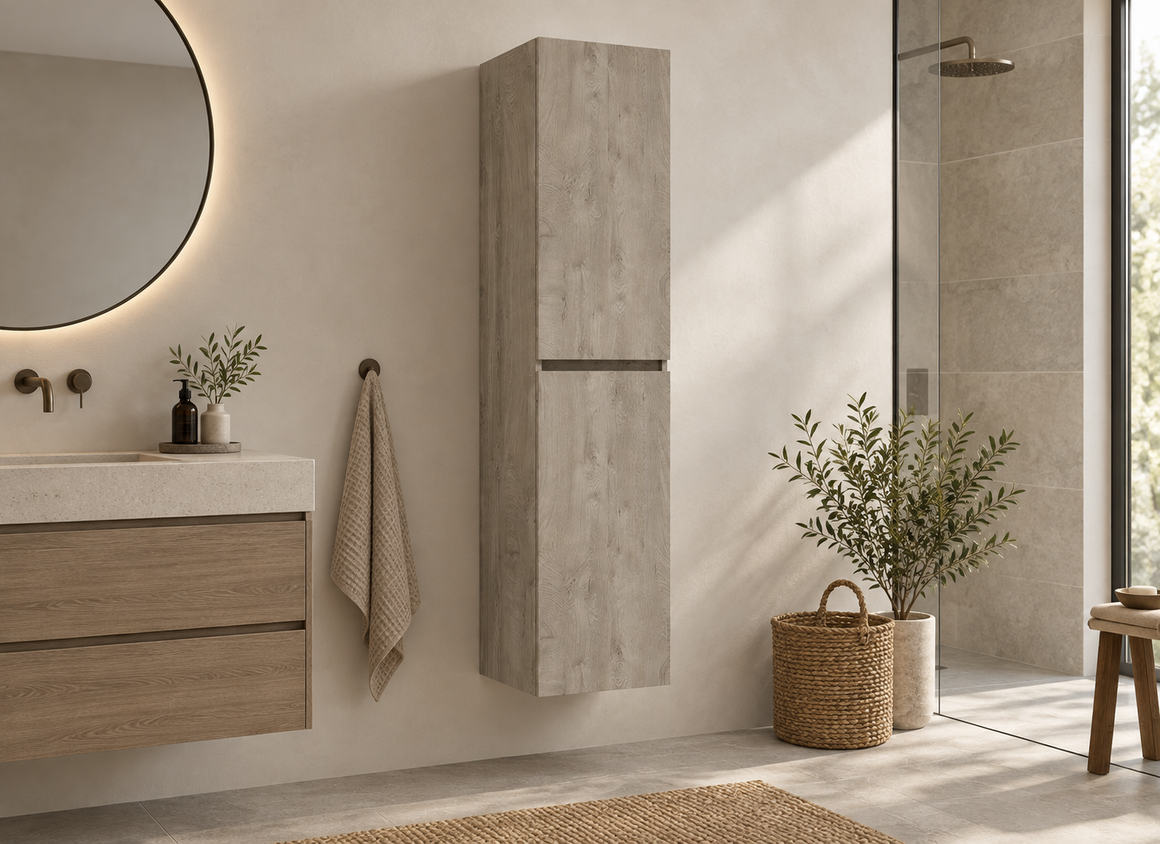 Wiesbaden Alvara kolomkast 160x35x35 cm grijs eiken 38.3617 - hero sfeerbeeld naast wastafel en kraan