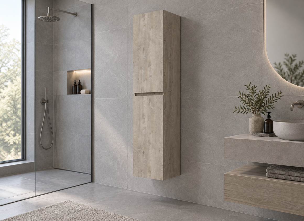 Wiesbaden Alvara kolomkast 160x35x35 cm grijs eiken 38.3617 - tweede sfeerbeeld naast wastafel en kraan