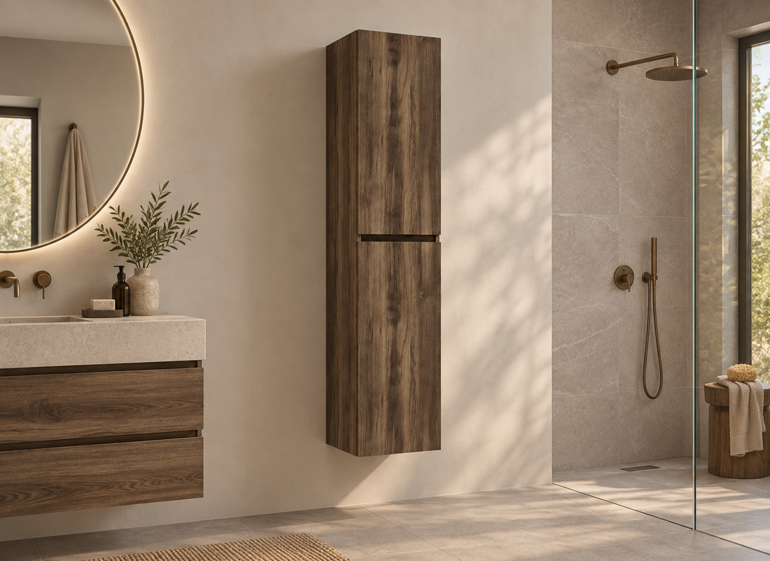Wiesbaden Alvara kolomkast 160x35x35 cm donker eiken 38.3618 - hero sfeerbeeld naast wastafel en kraan