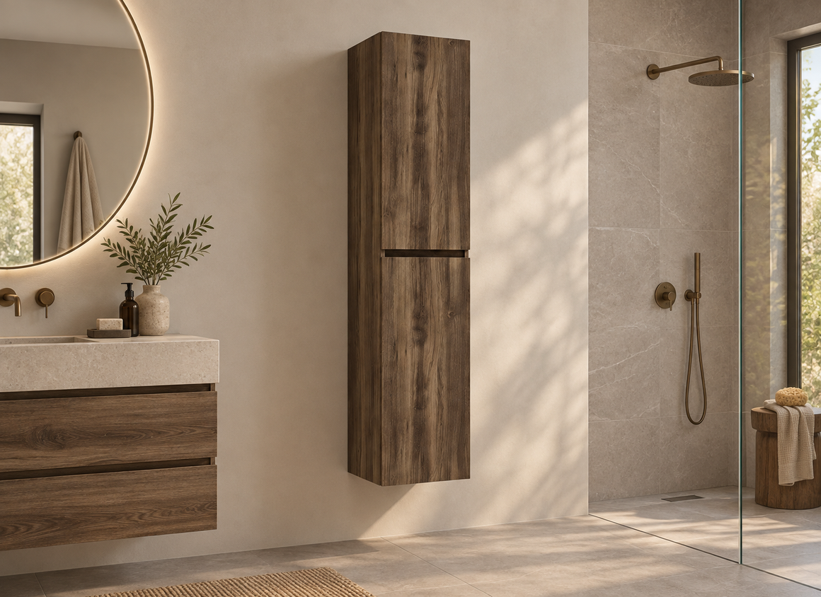 Wiesbaden Alvara kolomkast 160x35x35 cm donker eiken 38.3618 - hero sfeerbeeld naast wastafel en kraan