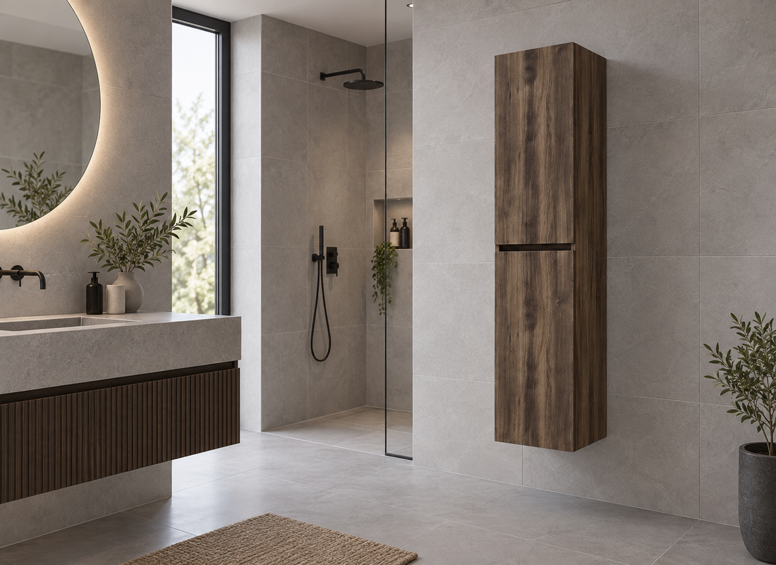 Wiesbaden Alvara kolomkast 160x35x35 cm donker eiken 38.3618 - tweede sfeerbeeld naast wastafel en kraan