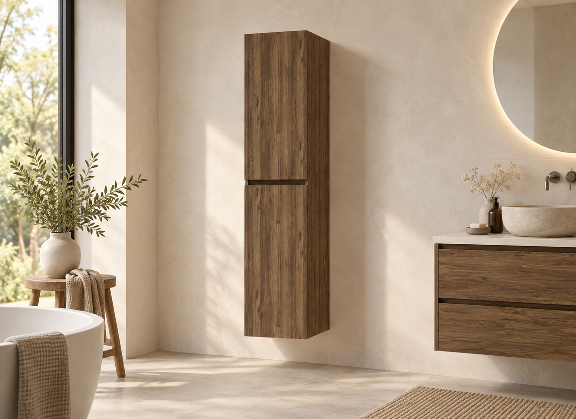 Wiesbaden Alvara kolomkast 160x35x35 cm warm eiken 38.3619 - hero sfeerbeeld naast wastafel en kraan