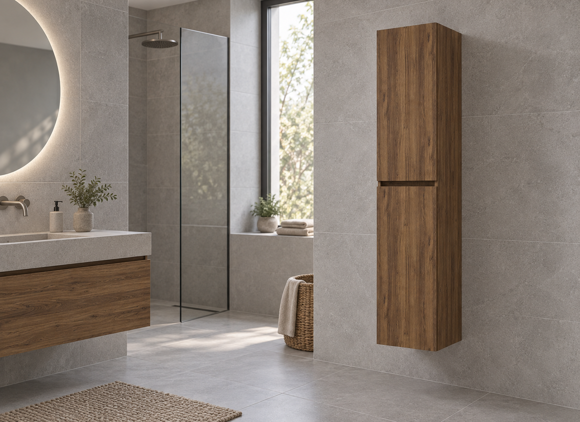 Wiesbaden Alvara kolomkast 160x35x35 cm warm eiken 38.3619 - tweede sfeerbeeld naast wastafel en kraan