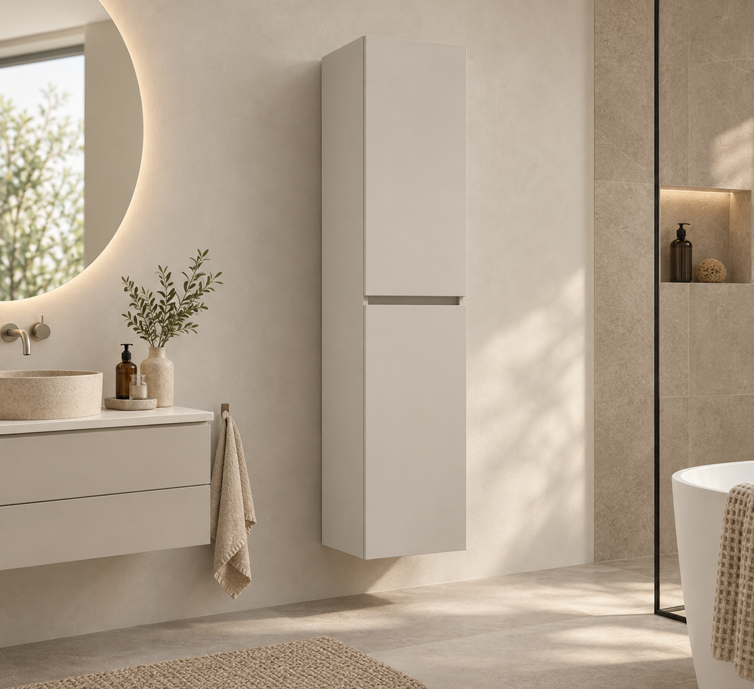 Wiesbaden Alvara kolomkast 160x35x35 cm cashmere 38.3623 - hero sfeerbeeld naast wastafel en kraan