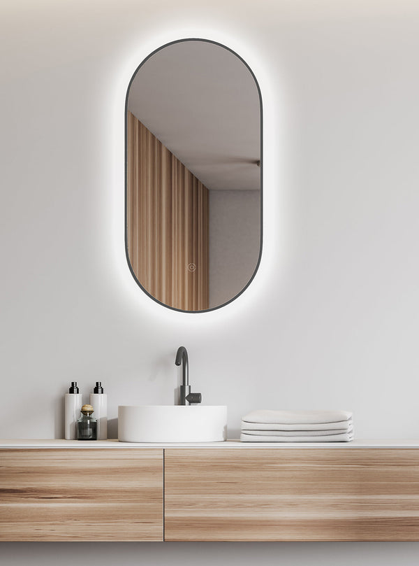 Miroir Nomi avec cadre ovale avec LED, dimmable et chauffage miroir 50 x 100 cm gunmetal
