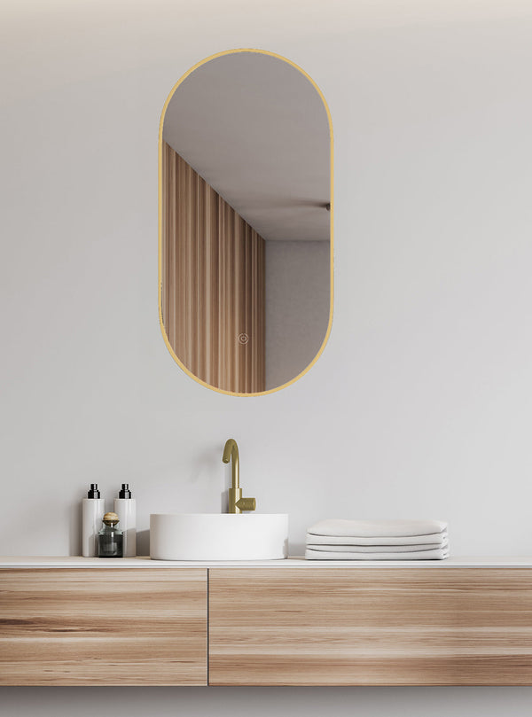 Miroir Nomi avec cadre ovale avec LED, dimmable et chauffage miroir 50 x 100 cm or