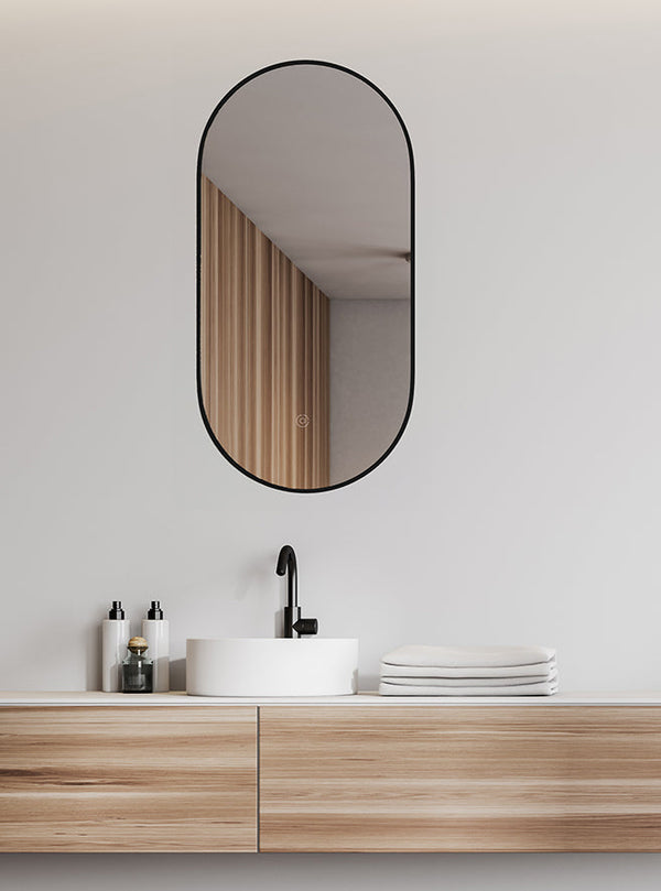 Miroir Nomi avec cadre ovale avec LED, dimmable et chauffage miroir 50 x 100 cm mat noir