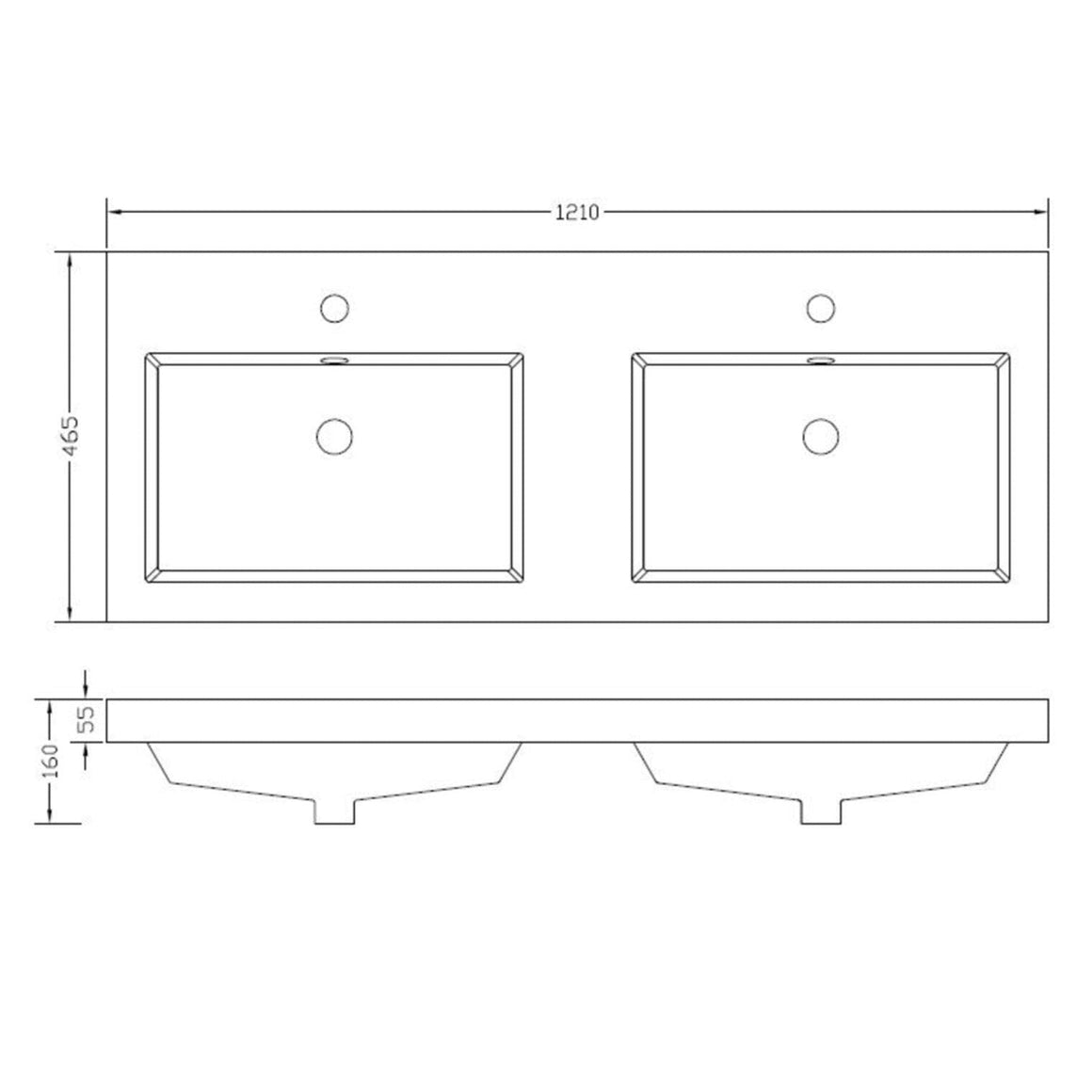 Vision wastafel dubbel met 2 kraangaten 120x46x5,5 cm kunstmarmer glans wit