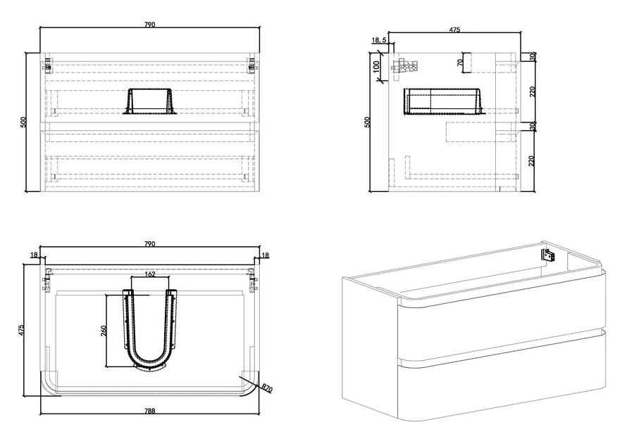 Novira onderkast afgeronde hoeken met 2 laden 1 uitsparing 80 x 48 cm mat wit