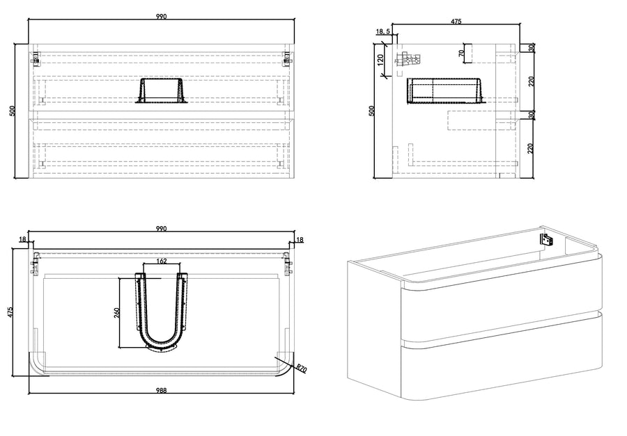 Novira onderkast afgeronde hoeken met 2 laden 1 uitsparing 100 x 48 cm mat wit