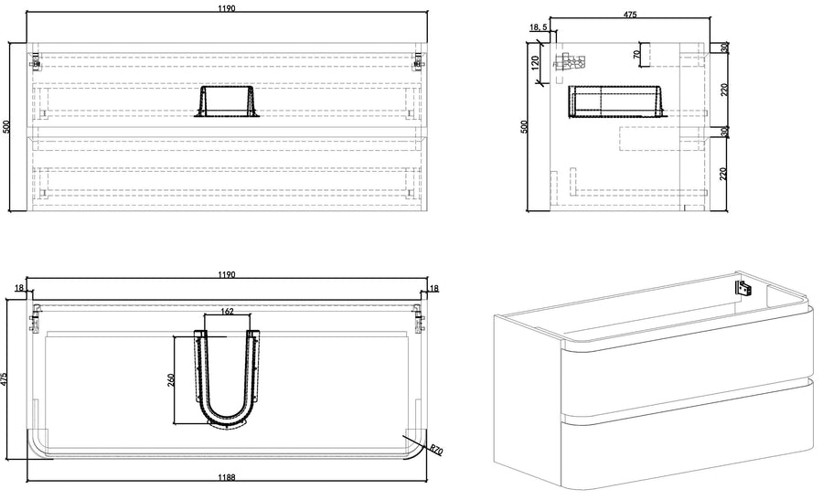 Novira Unterschrank abgerundete Ecken mit 2 Schubladen 1 Aussparung 120 x 48 cm mattweiß