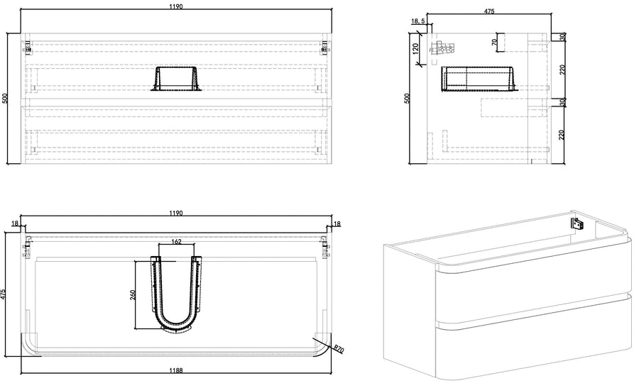 Novira onderkast afgeronde hoeken met 2 laden 1 uitsparing 120 x 48 cm mat zand