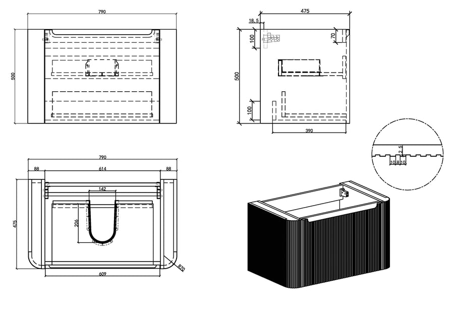 Sulora onderkast afgeronde hoeken geribbeld met 1 lade 1 uitsparing 80 x 48 cm licht eiken