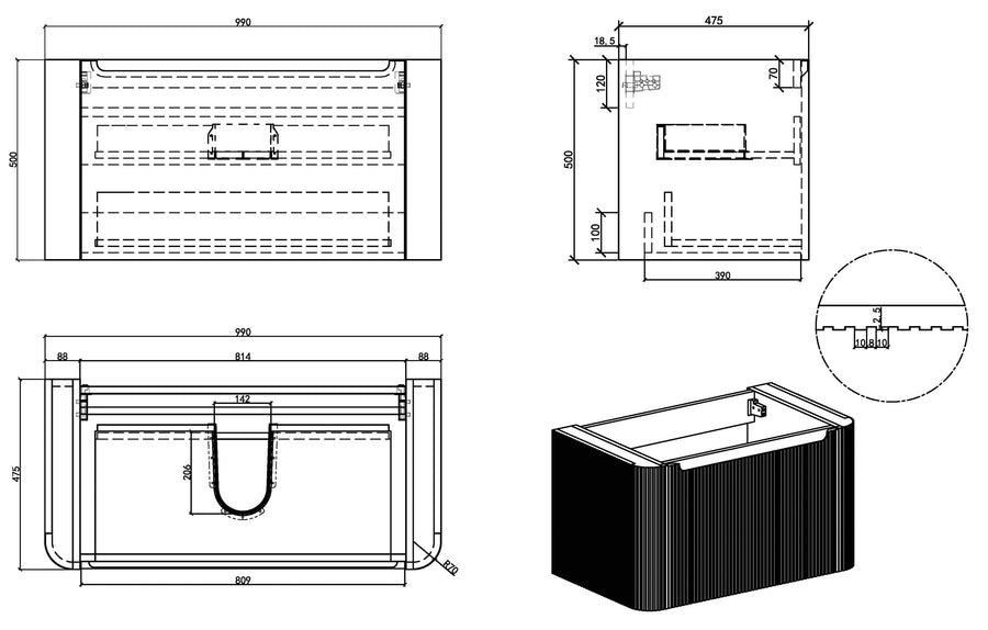Sulora onderkast afgeronde hoeken geribbeld met 1 lade 1 uitsparing 100 x 48 cm licht eiken