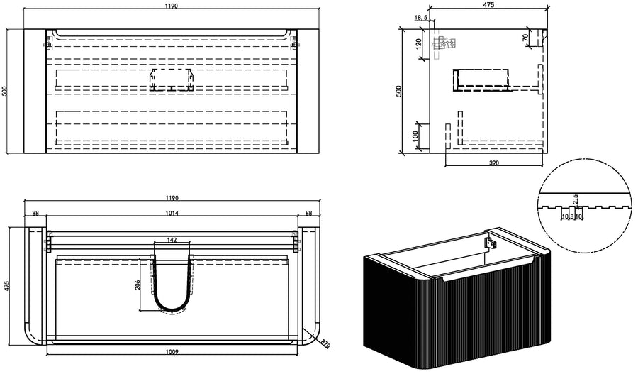 Sulora onderkast afgeronde hoeken geribbeld met 1 lade 1 uitsparing 120 x 48 cm walnoot