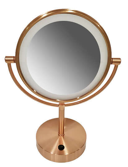 Miroir de rasage Wiesbaden avec éclairage LED 20 cm sur pied grossissement 5x cuivre brossé