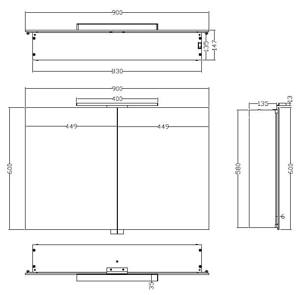 Xellanz Bright spiegelkast met LED 90 cm - technische tekening