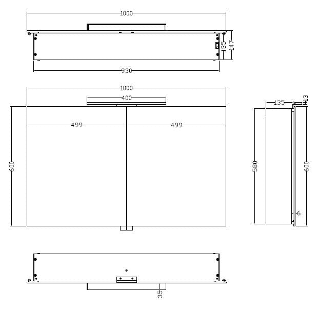 Xellanz Bright spiegelkast met LED 100 cm - technische tekening
