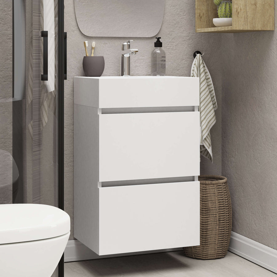 Mini-Unterschrank mit 2 Schubladen 45 cm Hochglanz Weiß und Waschbecken Keramik Hochglanz Weiß