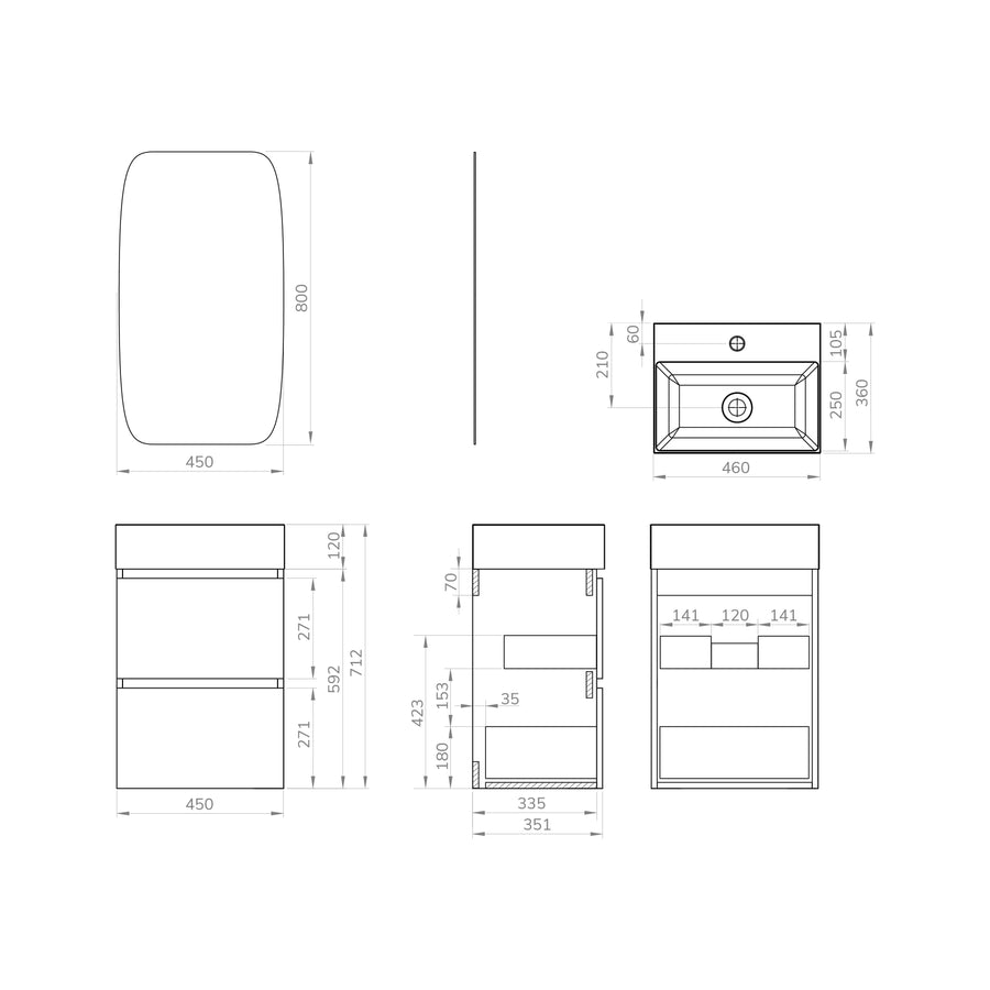 Mini meuble bas avec 2 tiroirs mat noir et lavabo céramique brillant blanc 45 cm incluant miroir