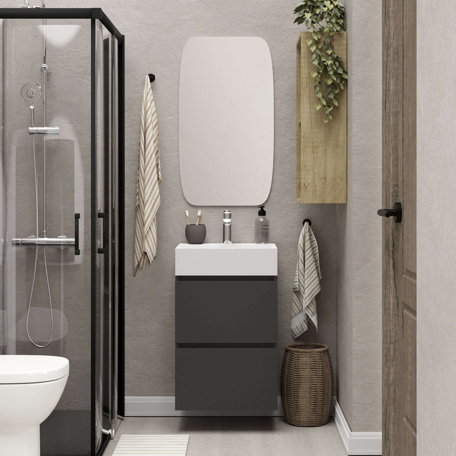 Mini meuble bas avec 2 tiroirs mat noir et lavabo céramique brillant blanc 45 cm incluant miroir