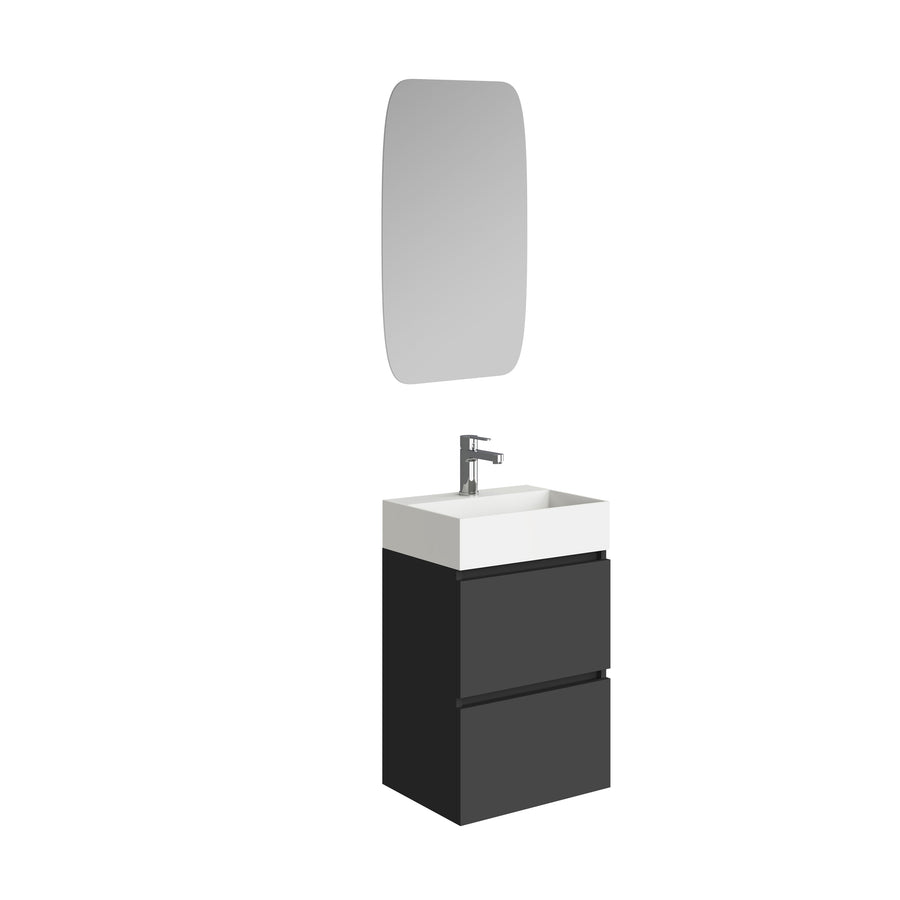 Mini meuble bas avec 2 tiroirs mat noir et lavabo céramique brillant blanc 45 cm incluant miroir