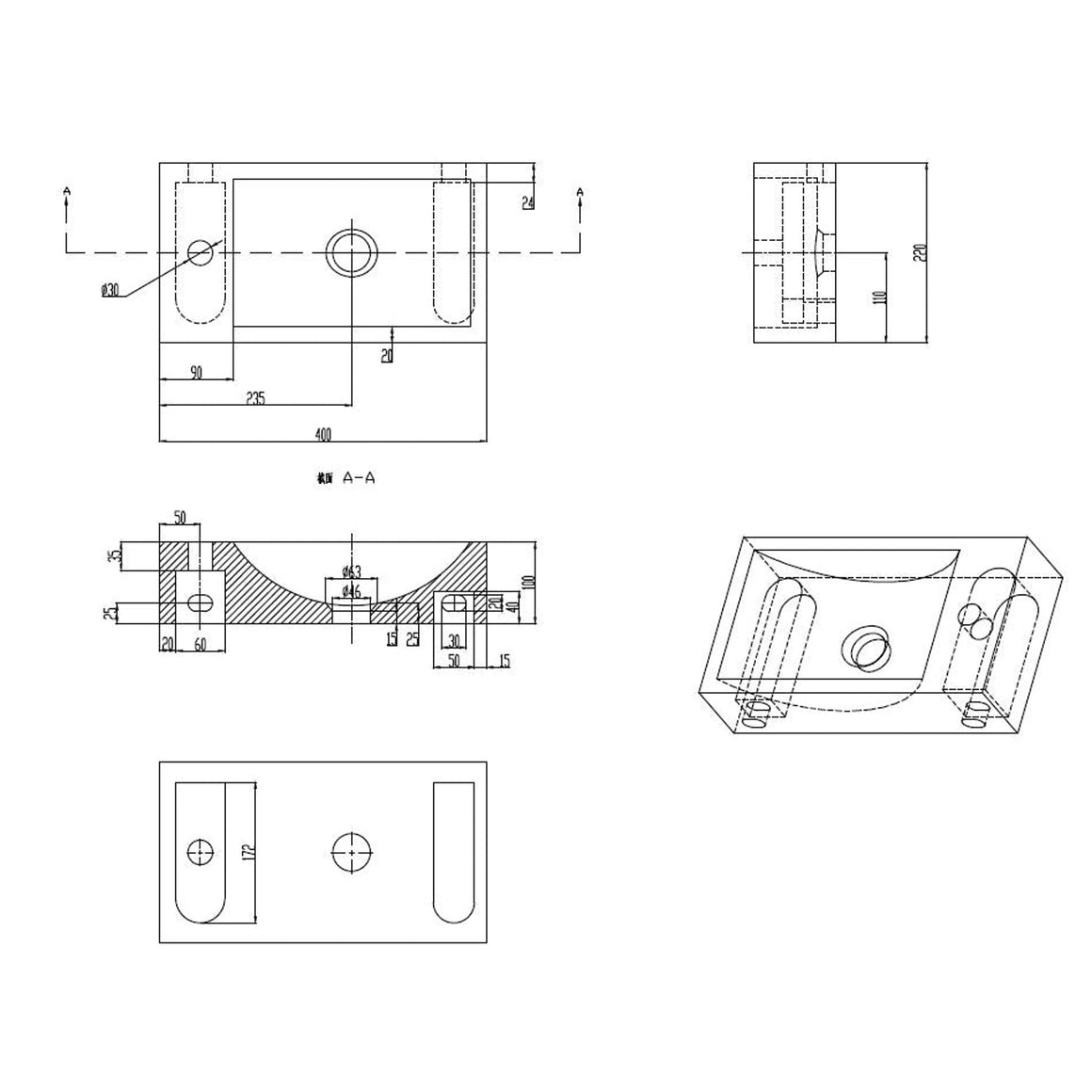 Wiesbaden Wiesbaden Raw fontein hardsteen gezoet 40 x 22 x 10 cm / Links - technische tekening