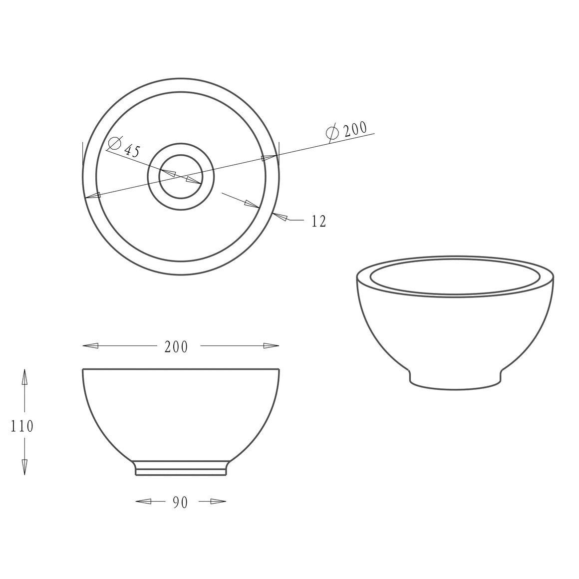 Wiesbaden Raw waskom rond hardsteen gezoet 20 x 11 cm - technische tekening