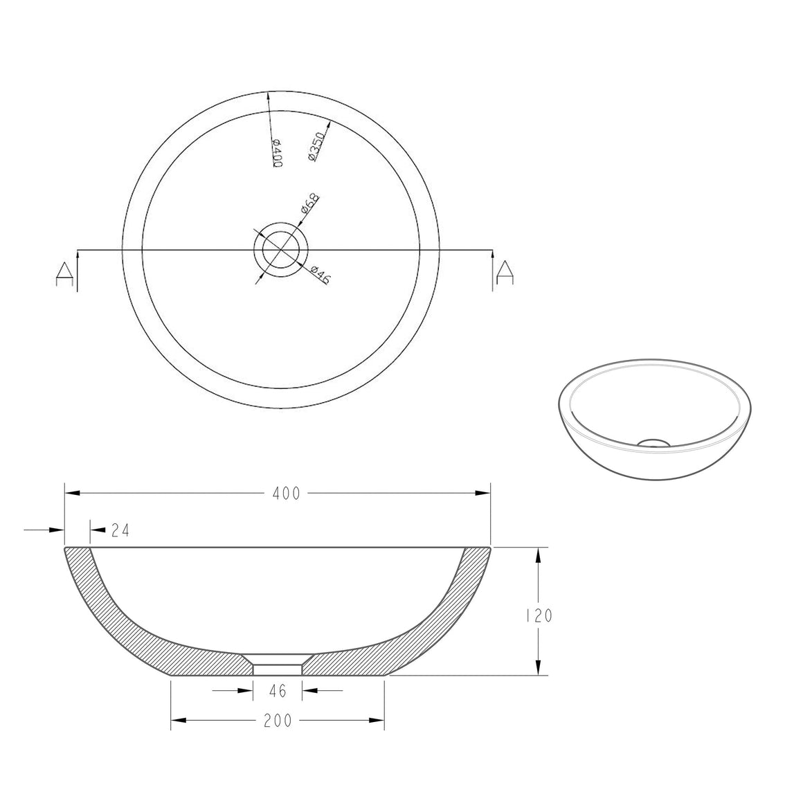Wiesbaden Raw waskom rond hardsteen gezoet 40 x 12 cm - technische tekening