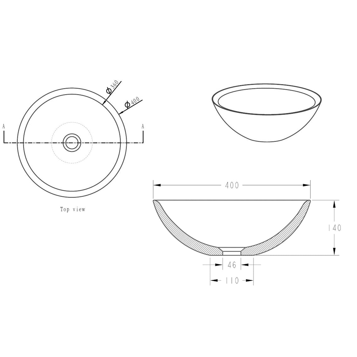 Wiesbaden Raw waskom rond hardsteen gezoet 40 x 14 cm - technische tekening