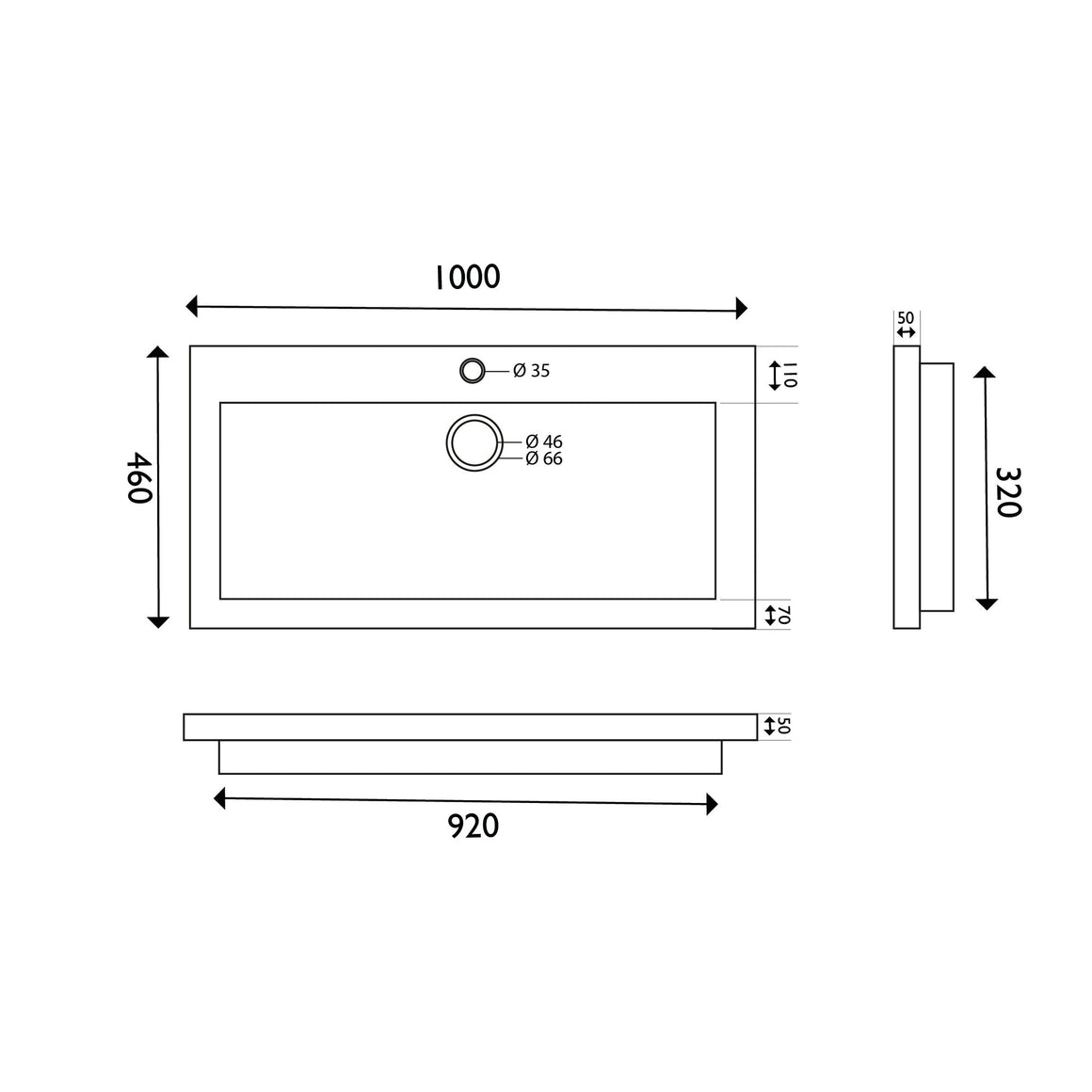 Wiesbaden Raw wastafel enkel met 1 kraangat hardsteen gezoet 100 cm - technische tekening