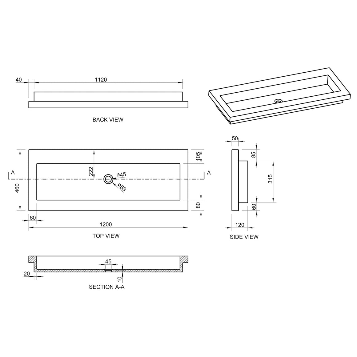 Wiesbaden Raw wastafel enkel zonder kraangat hardsteen gezoet 120 cm - technische tekening