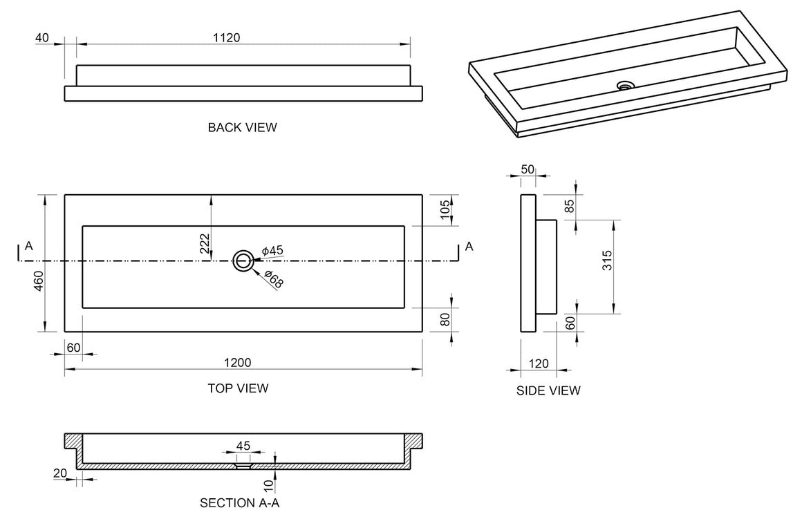 Wiesbaden Raw wastafel enkel zonder kraangat hardsteen gezoet 120 cm - technische tekening