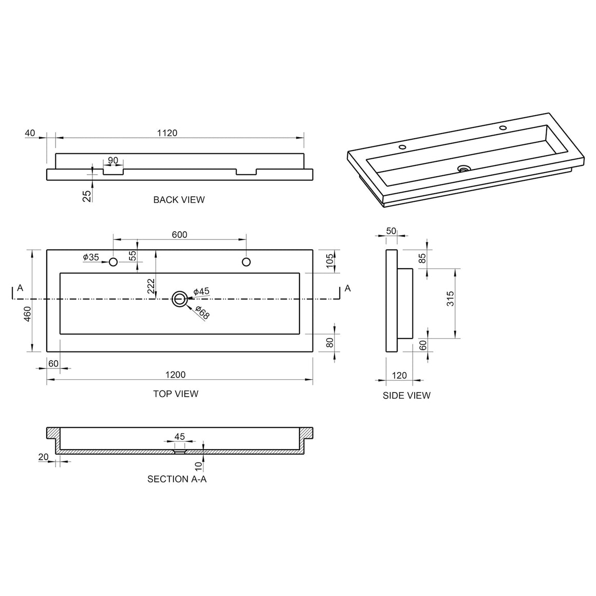 Wiesbaden Raw wastafel enkel met 2 kraangaten hardsteen gezoet 120 cm - technische tekening