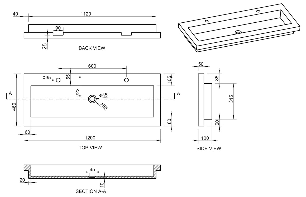Wiesbaden Raw wastafel enkel met 2 kraangaten hardsteen gezoet 120 cm - technische tekening