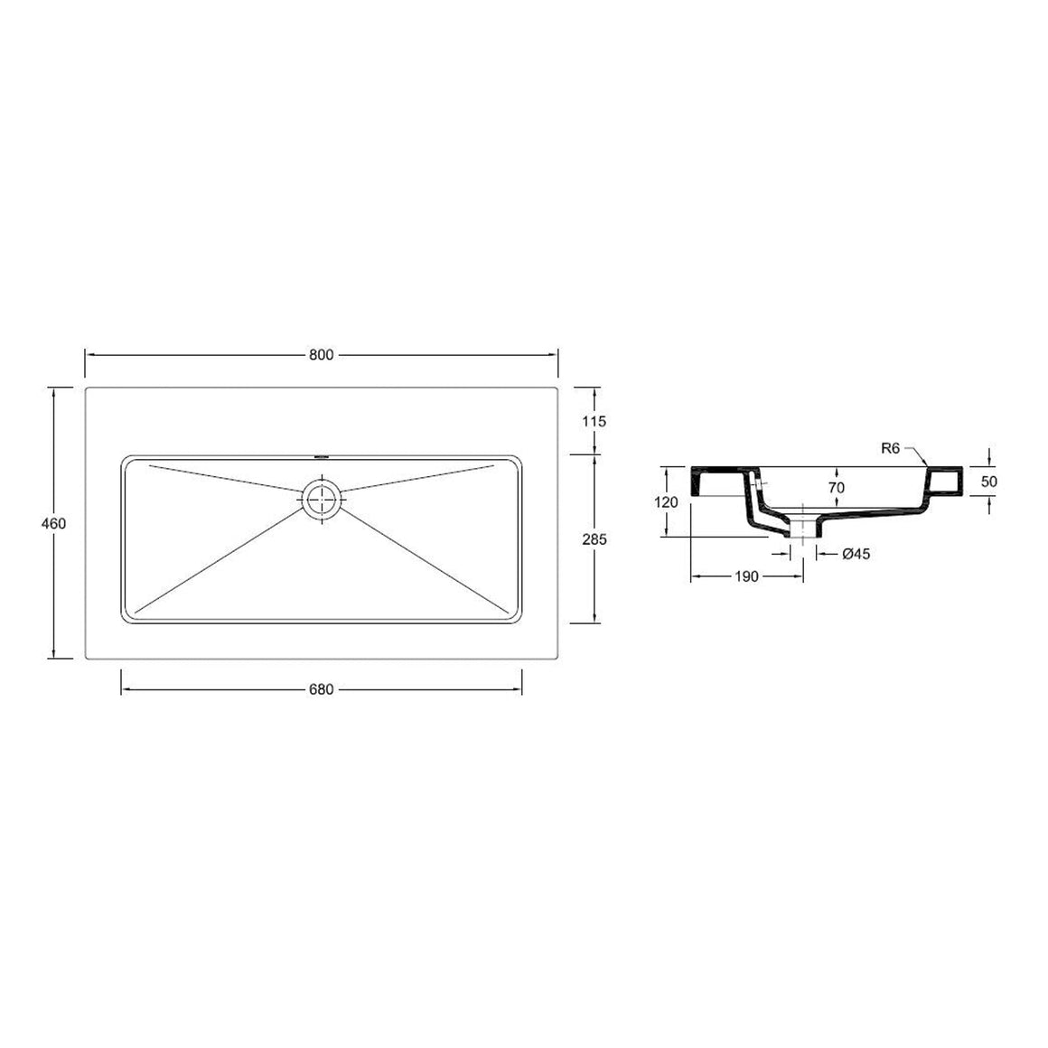 Wiesbaden Kera wastafel zonder kraangat 80 cm - technische tekening