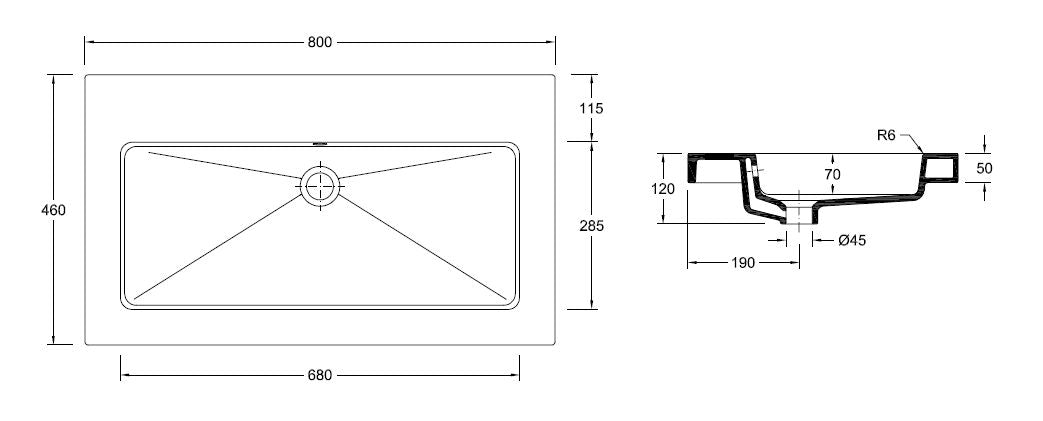 Wiesbaden Kera wastafel zonder kraangat 80 cm - technische tekening