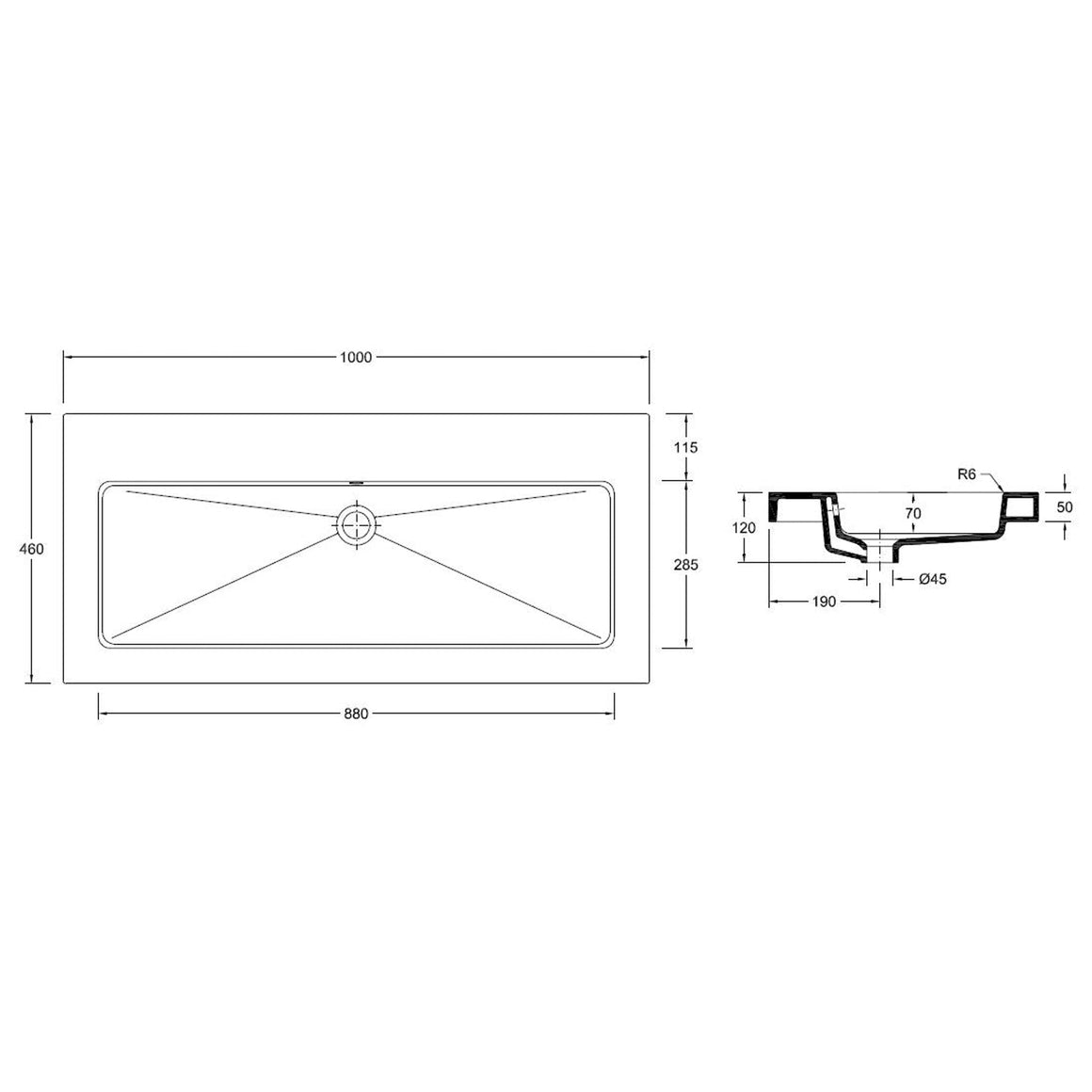Wiesbaden Kera wastafel zonder kraangat 100 cm - technische tekening