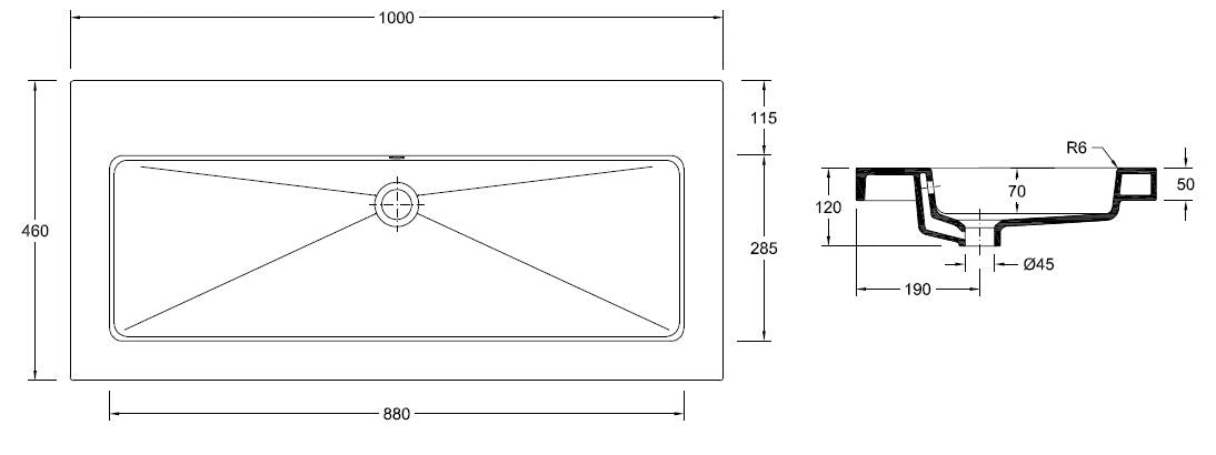 Wiesbaden Kera wastafel zonder kraangat 100 cm - technische tekening