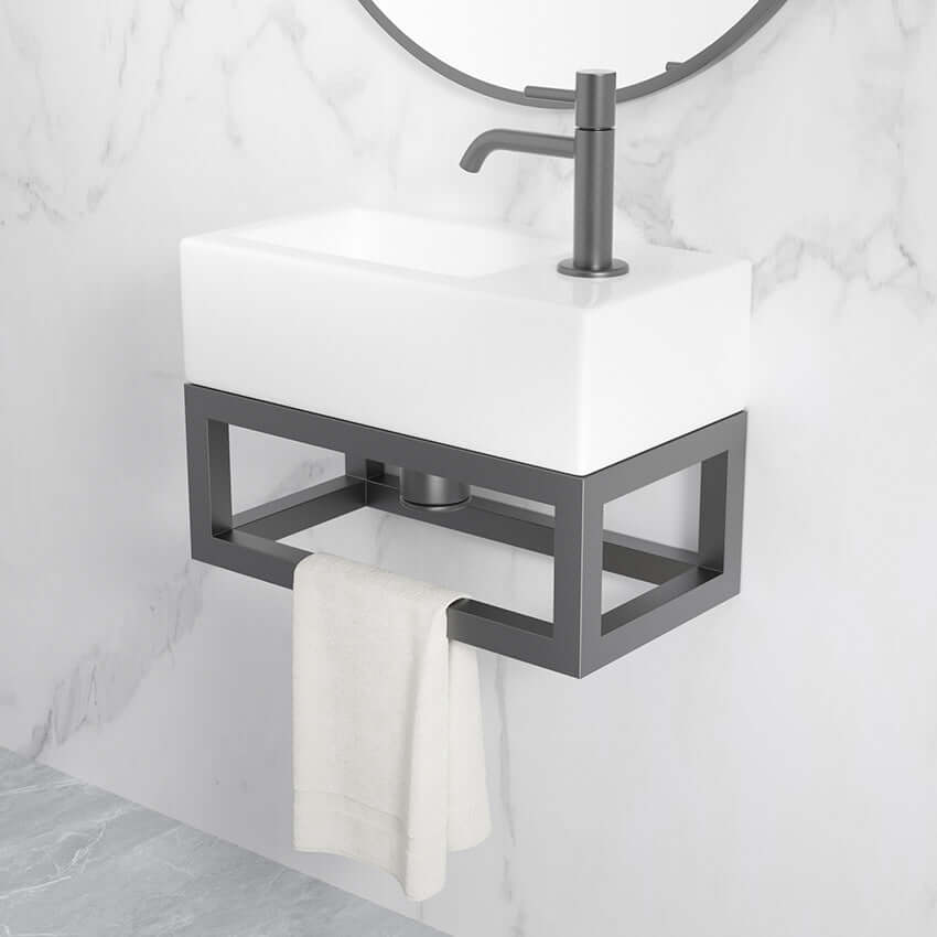 Modern Nick Fonteinframe with white sink, gunmetal finish, and towel holder for stylish bathroom decor.