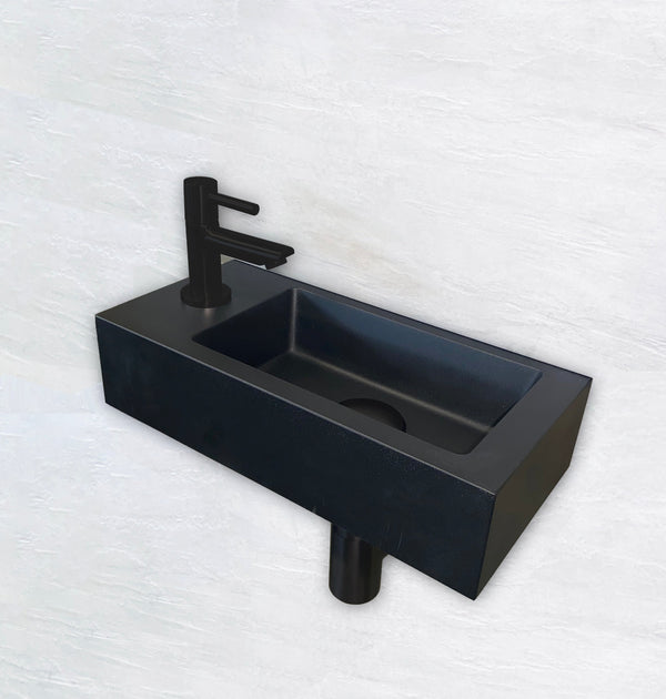 Fontänenset Rhea S mini mit Fontäne links, Wasserhahn, Siphon und Ablaufstopfen matt schwarz