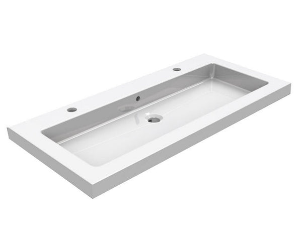 Kera Waschbecken einfach mit 2 Hahnlochbohrungen 100x46x5 cm Keramik Glanz Weiß