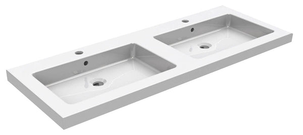 Kera lavabo double avec 2 trous de robinet 120x46x5 cm céramique brillant blanc