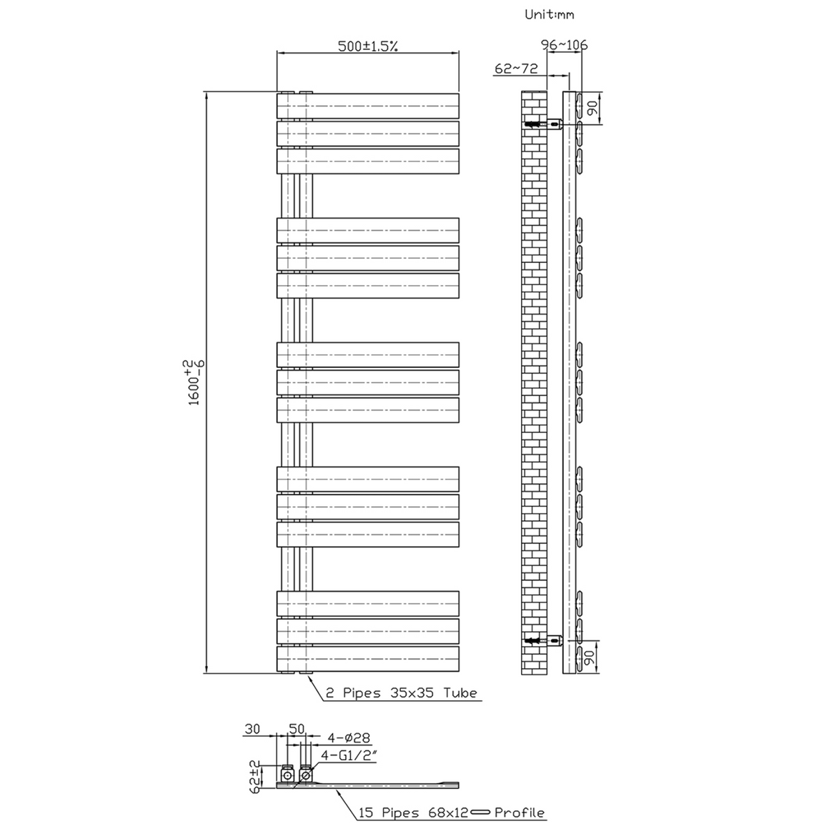 BELRAD Badkamer Radiator Mat Zwart – Linkeraansluiting/Combi