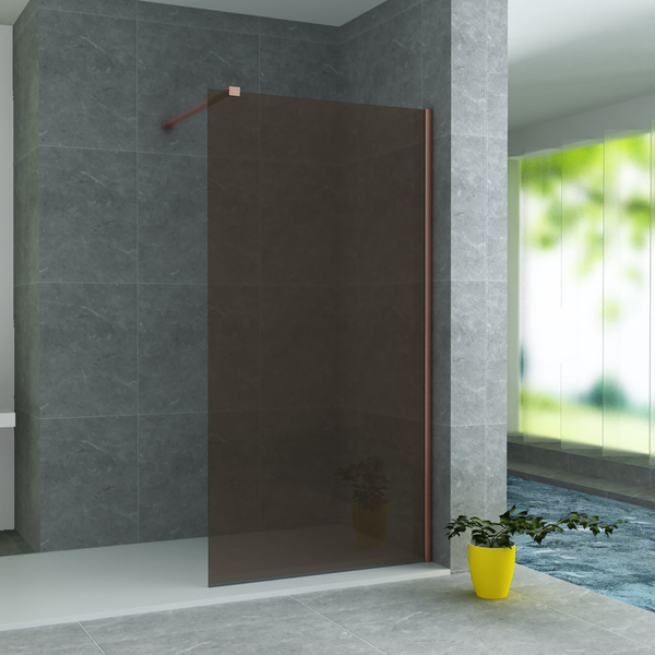 ALONI douchewand champagneglas met koperen profiel – 8 mm veiligheidsglas
