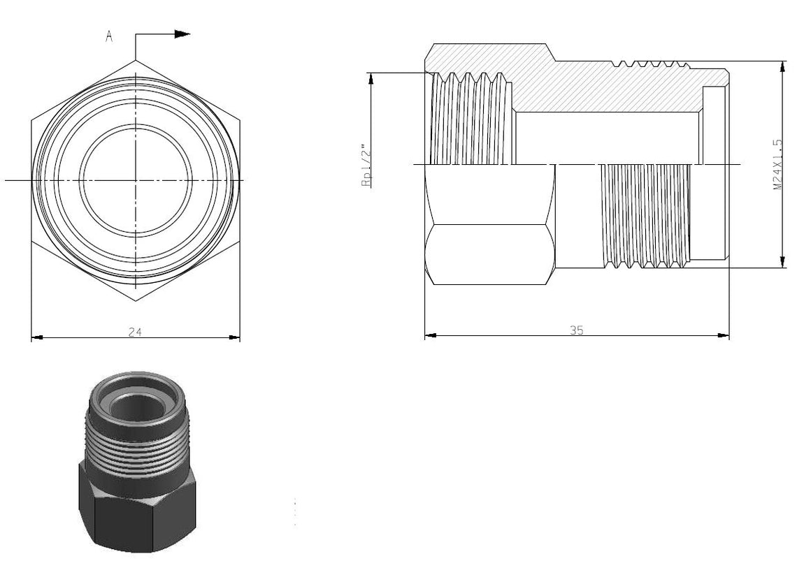 Riko gaskoppeling 1/2" bi x M24 vernikkeld - technische tekening