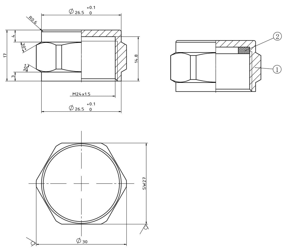 Riko gaswarteldop M24 binnendraad chroom - technische tekening