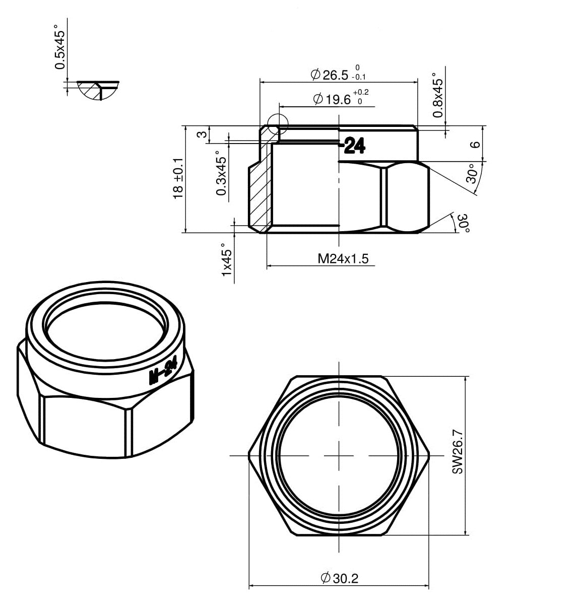 Riko 2-delige koppeling puntstuk 15 mm x M24 - technische tekening