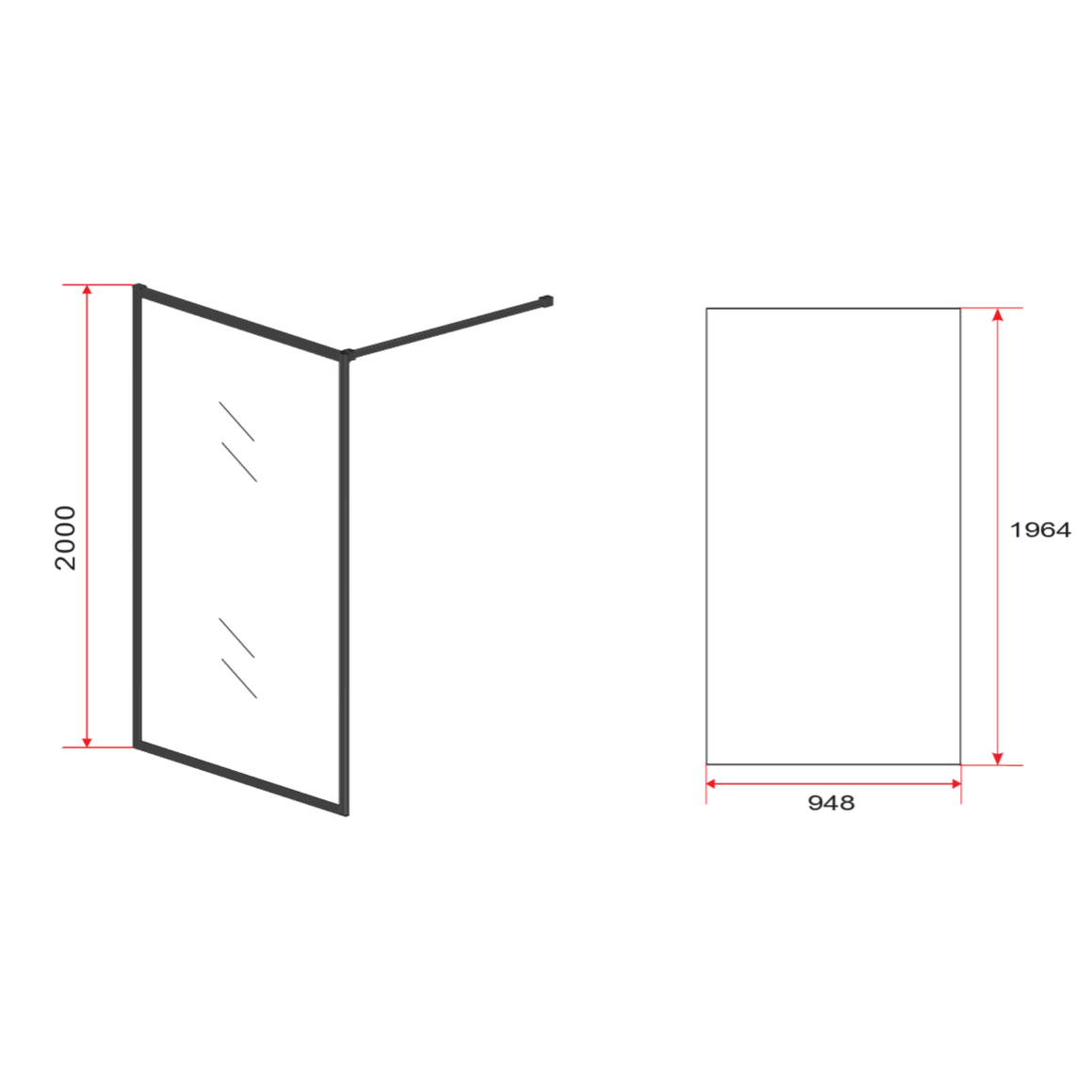 Aloni inloopdouchewand mat zwart profiel 90 cm technische tekening