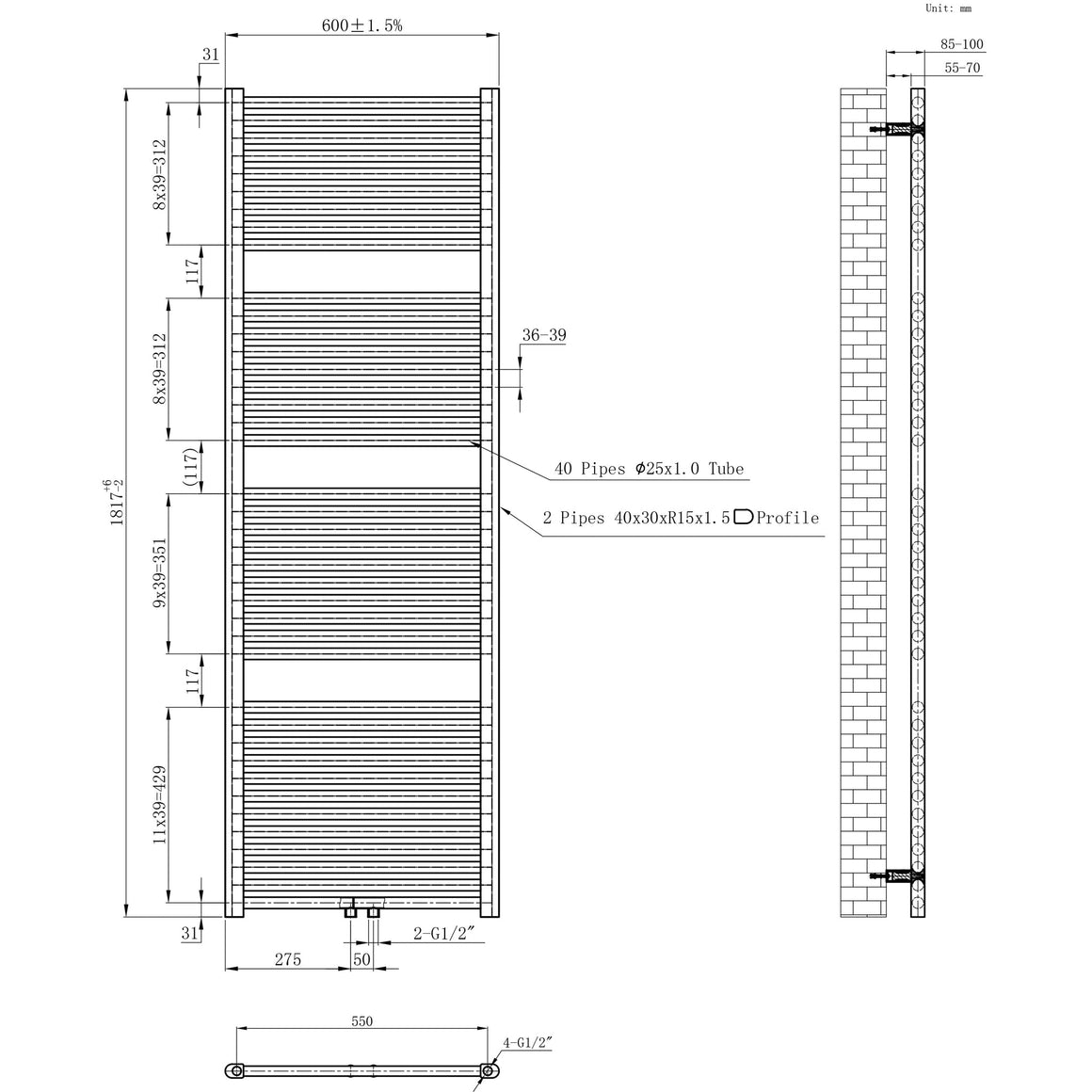 Wiesbaden Elara sierradiator 181,7 x 60 cm / Glans wit - technische tekening